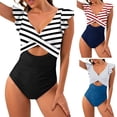 thumbnail image 1 of sunsanly Women Monokini Sexy Striped V Neck Flounce Sleeves High Waist Stretch Slim Fit Summer Women Bathing Suit Swimwear Beachwear, 1 of 8