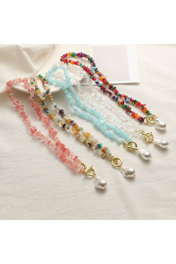 Women Necklace Irregular Multicolored Natural Stone Beaded Chain Elegant Dress-Up Fashion Jewelry Stones Necklace Faux Pearl Clavicle Chain Jewelry Gift