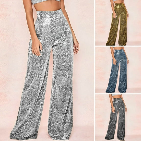 sunsanly Women Pants Shiny Solid Color High Waist Spring Autumn Temperament Loose Straight Wide Leg Trousers Daily Wear
