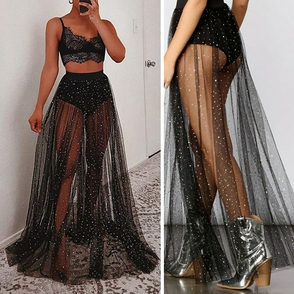sunsanly Women Prom Skirt See-through Mesh Big Hem Ankle Length Shiny Thin Dress-up High Waist Elastic Waist Summer Skirt Women Clothes