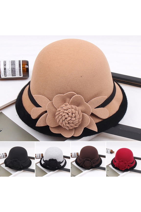 Women Retro Beanie 3D Flower Decor Dome Contrast Color Short Brim Cold Weather Thermal Hat Dating Shopping Party Headwear