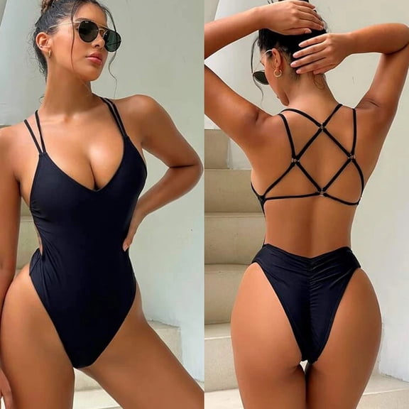 sunsanly Women Sexy One-Piece Swimsuit Summer Criss-Cross Backless Halter V-neck Sleeveless Monokini Solid Color Quick Drying Swimwear