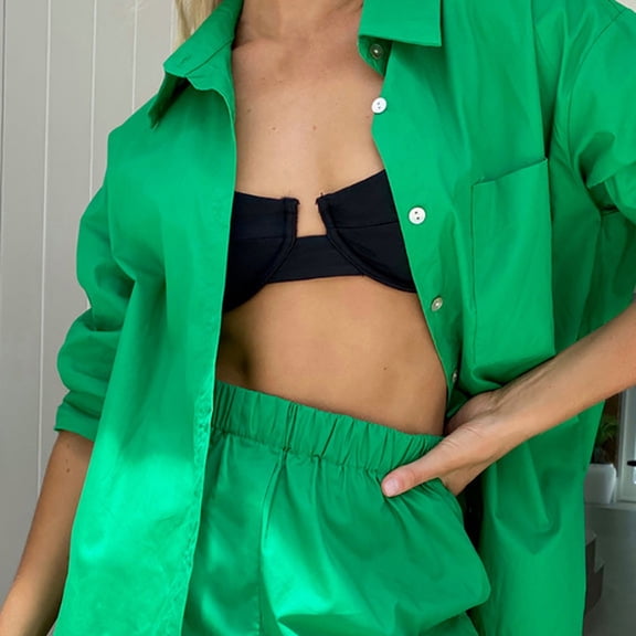 sunsanly Women Shirt Shorts Lapel Long Sleeve Single Breasted Shirt Tops Elastic High Waist Wide Leg Shorts Solid Color Loose Fit Pockets Tops Short Pants