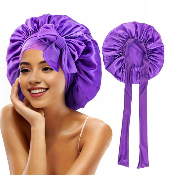 sunsanly Women Shower Cap Sleeping Satin Bonnet Solid Color Adjustable Lace-up Bow Waterproof High Density Women Braids Curly Night Hat Beauty Parlor Cap Salon Hat