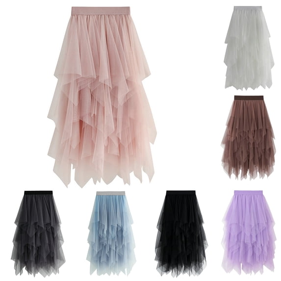 sunsanly Women Skirt Solid Color Multi Layers Irregular Elastic Waist Mid-calf Length Dress-up See-through Wide Band Lady Mesh Skirt Women Clothes