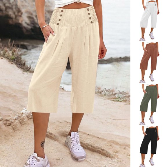 sunsanly Women Spring Summer Casual Pants Wide Elastic Waist Cropped Pants Solid Color Wide Leg Pockets Cropped Trousers Streetwear
