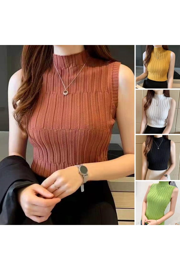 Women Summer Bottoming Vest Half High Collar Sleeveless Knitting Tops Slim Fit Solid Color Tank Tops Streetwear
