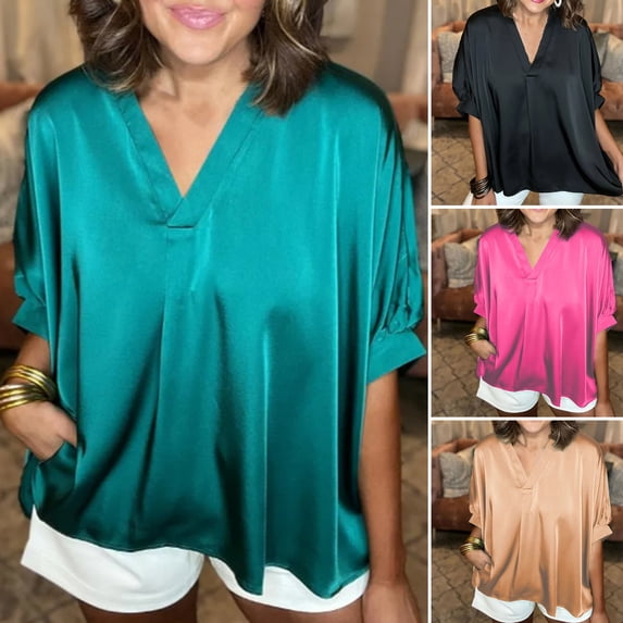 sunsanly Women Summer Casual Shirt V-neck Puff Short Sleeve Pullover Tops Solid Color Pocket Loose Fit Shirt Workwear