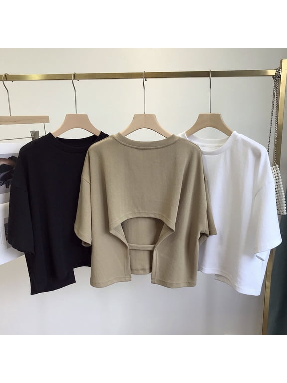 Women Summer Casual T-shirt O-neck Short Sleeve Back Hollow Short Tops Solid Color Loose Fit Tee Shirt Streetwear