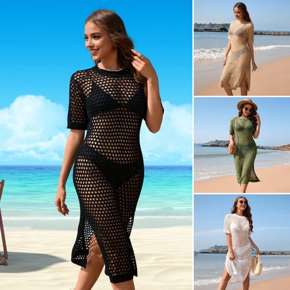 sunsanly Women Summer Cover Up Dress O-neck Half Sleeve Solid Color Hollow See-through Bikini Cover Up Loose Fit Knit Pullover Swimsuit Cover-Up