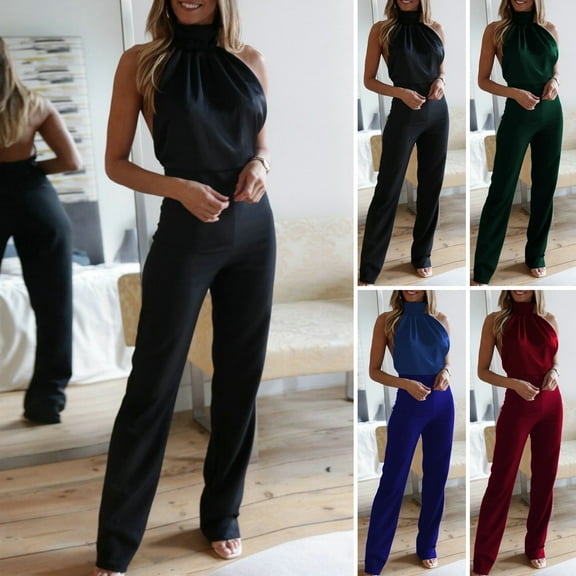 sunsanly Women Summer Jumpsuit Backless Sleeveless Solid Color High Collar Halter Neck Dress-up Slim Fit Off Shoulder Lady Prom Jumpsuit Women Clothing