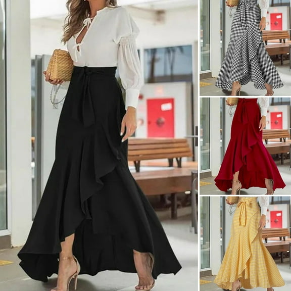 sunsanly Women Summer Maxi Skirt High Waist Lace-up Ruffle Trim Long Skirt Plaid Print Bow Tie Irregular Hem Casual Skirt