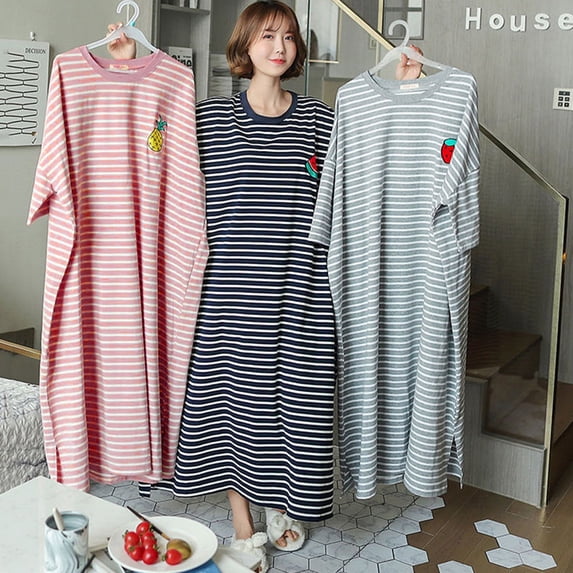 sunsanly Women Summer Nightdress Loose Short Sleeve Breathable Soft Comfortable Sleeping Polyester Stripes Print Night Robe Female Garment