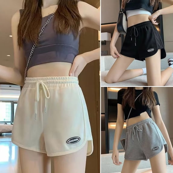 sunsanly Women Summer Shorts Elastic Drawstring High Waist Shorts Pockets Solid Color Logo Print Wide Leg Short Pants Streetwear