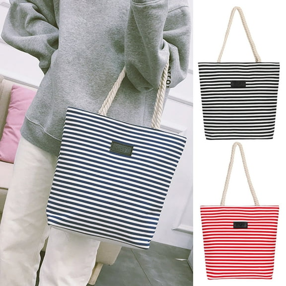 sunsanly Women Tote Bag Rope Handle Large Capacity Waterproof Canvas Colorful Strip Female Shopping Tote Handbag Daily Use