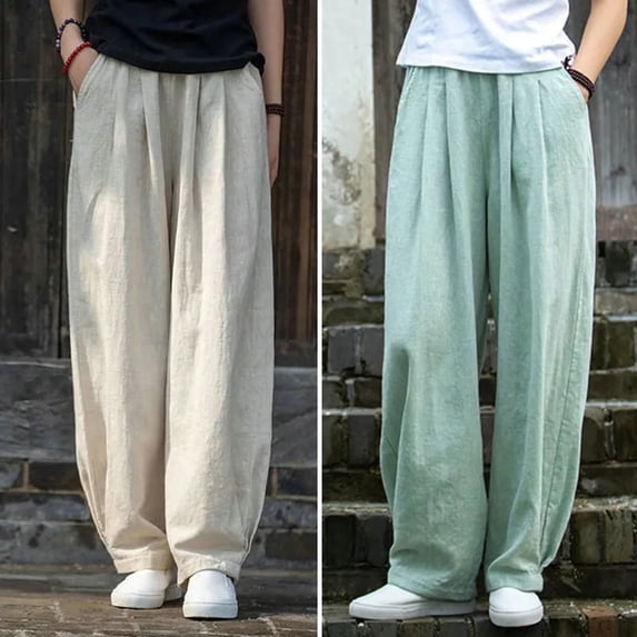 sunsanly Women Trousers Solid Color Elastic Waist Loose-fitting Retro with Pocket Decorative Cotton Hemp Summer Women Loose Wide-leg Pants for Women
