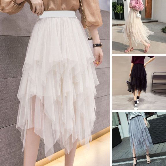 sunsanly Women Tulle Skirt Elastic High Waist Midi Skirt with Irregular Mesh Hem Solid Color Tiered Mesh Yarn Long Skirt Streetwear