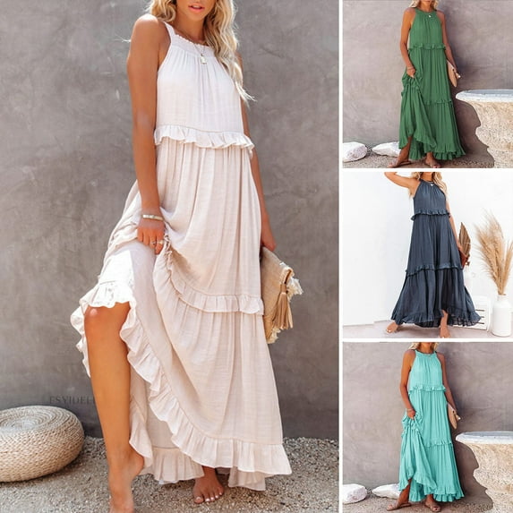 sunsanly Women Vacation Dress Ruffle Off Shoulder Sleeveless Halter Neck Patchwork A-line Loose Pleated Side Pockets Solid Color Cake Hem Maxi Dress Beach Sundress