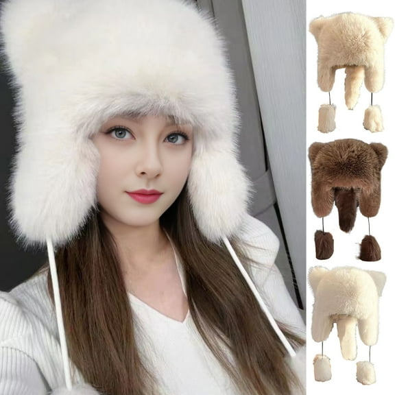sunsanly Women Winter Hat Faux Fur Drawstring Ball Decor Racoon Cap Full Protection Windproof Warm Outdoor Skiing Headwear Photo Prop