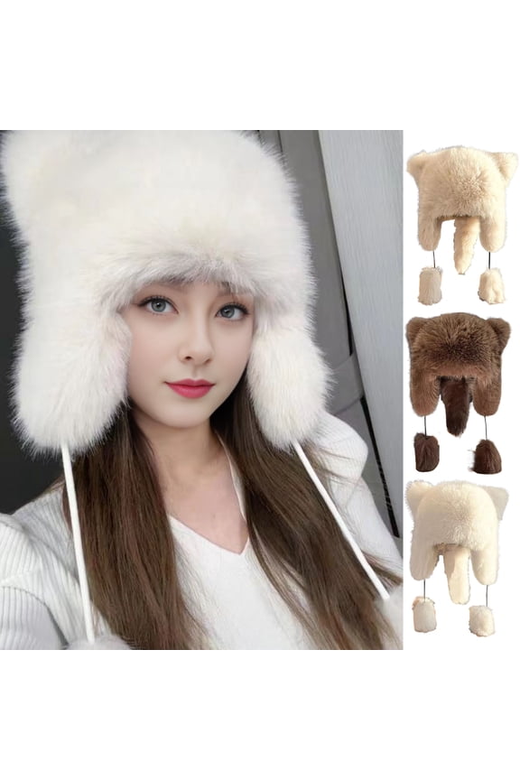 Women Winter Hat Faux Fur Drawstring Ball Decor Racoon Cap Full Protection Windproof Warm Outdoor Skiing Headwear Photo Prop