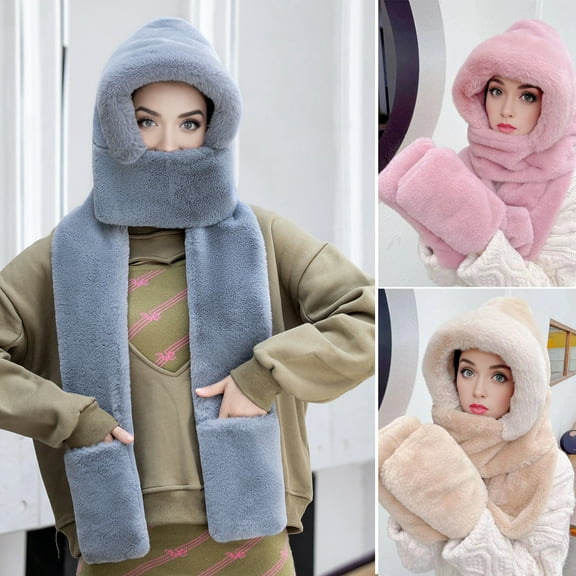 sunsanly Women Winter Hat with Integrated Scarf And Gloves Thick Warm Faux Fur Solid Color Full Protection Outdoor Cycling Travel Cold Weather Cap