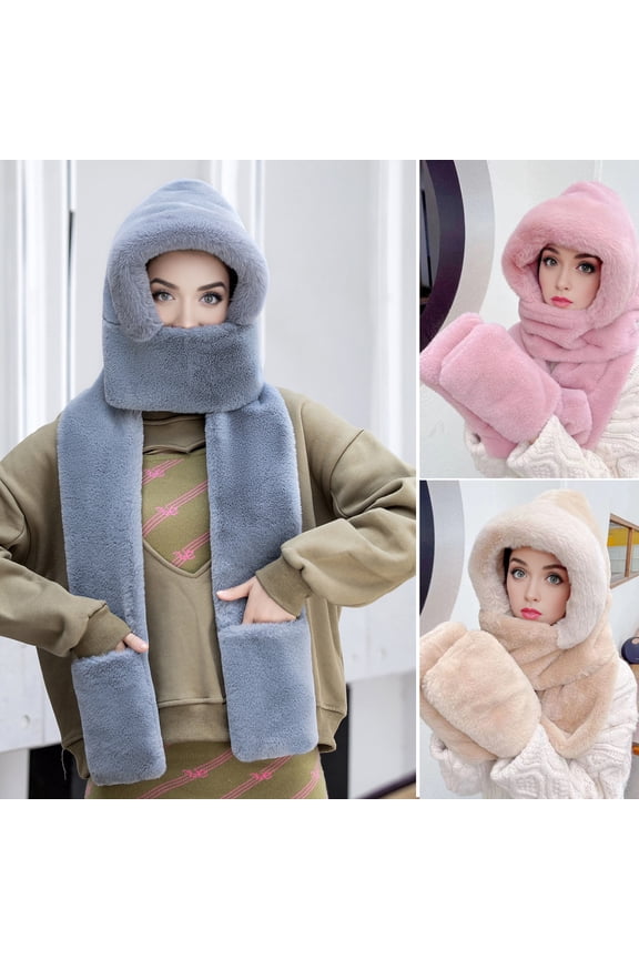 Women Winter Hat with Integrated Scarf And Gloves Thick Warm Faux Fur Solid Color Full Protection Outdoor Cycling Travel Cold Weather Cap