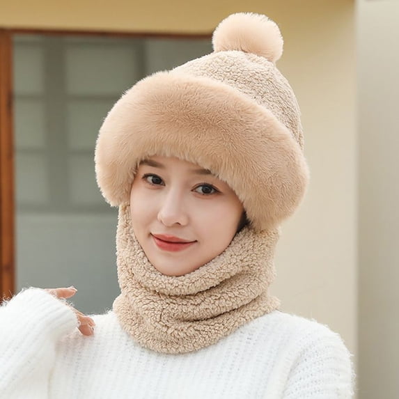 sunsanly Women Winter Hat with Integrated Scarf Cold-proof Front Cover Thick Plush Warm Full Protection Outdoor Cycling Travel Cold Weather Cap