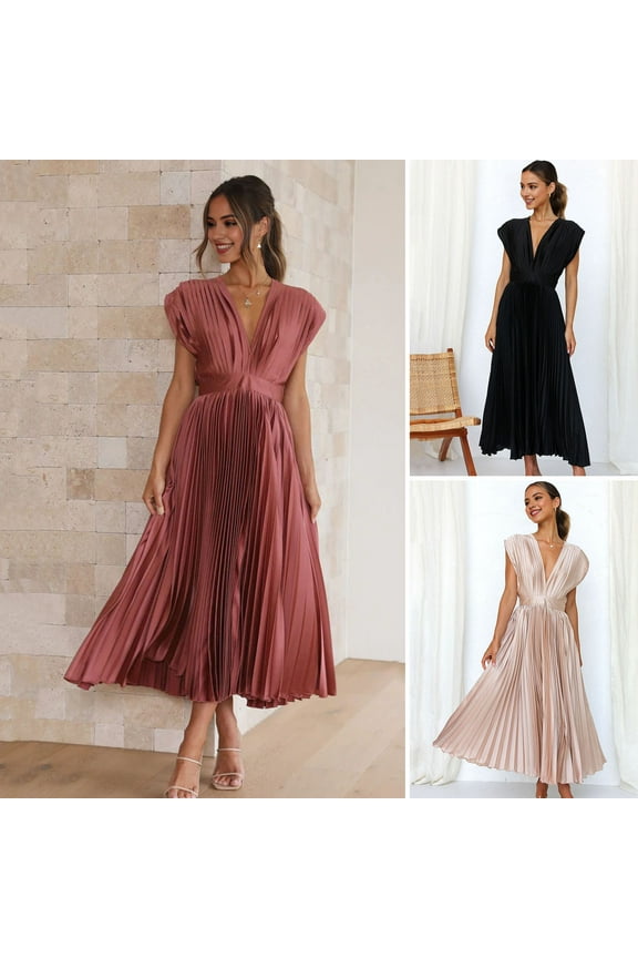 Women's V-Neck Sleeveless Dress Summer Casual Loose Zipper Closure Pleated Gown Elegant Breathable Dress for Office Parties Travel Holiday