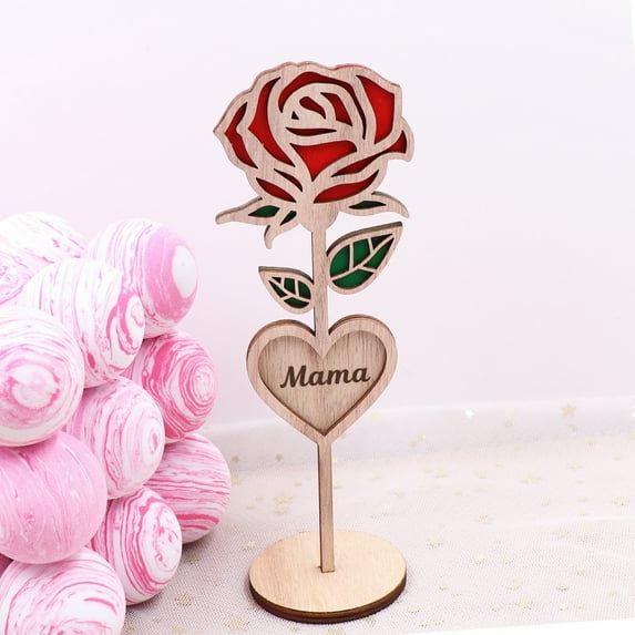 sunsanly Wood Mama Rose Decoration with Stable Round Base Wooden 3D Carved Rose Flower Desktop Ornament Romantic Mother's Day Gift