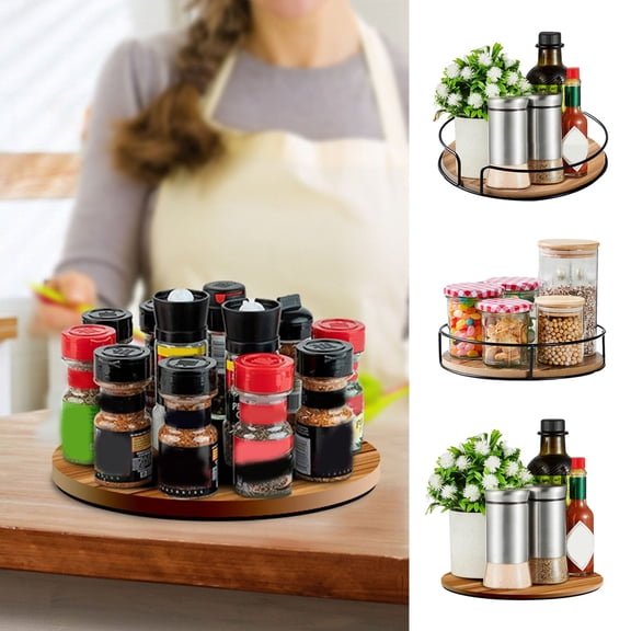 sunsanly Wooden Kitchen Shelf Spice Rack 360-Degree Rotation Anti-Slip Design Spice Organizer Wooden Base Turntable Shelf