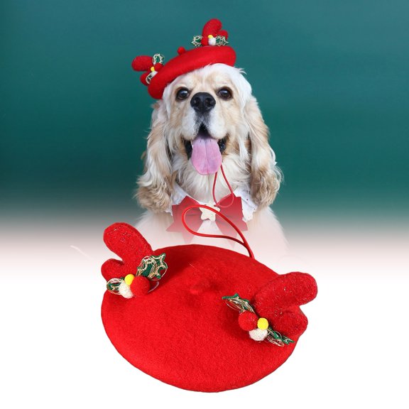 sunsanly Wool Pet Beret Hat Christmas Red Cat Hat with Bow Antler Accessories Warm Winter Holiday Costume for Daily Dressing Up Photography Outdoor Travel