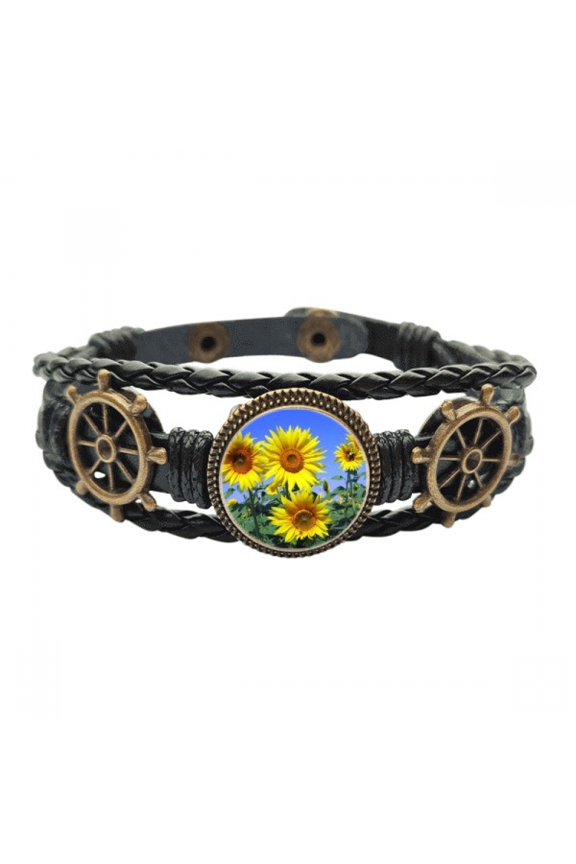 sunshine flowers sunflowers blue leather braided ocean bracelet wristband