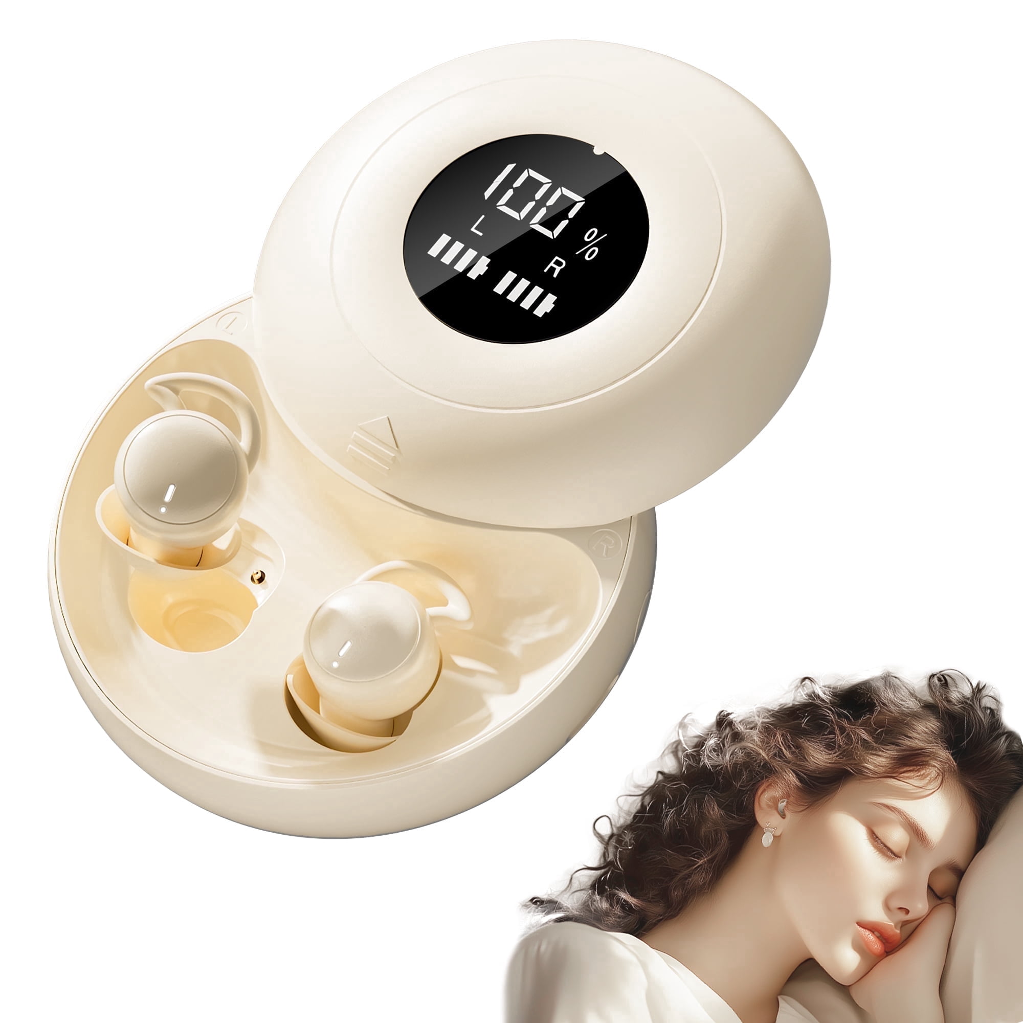 sunvito Sleep Earbuds, Mini Sleep Earbuds for Side Sleepers, 30H Playtime Wireless Headphones with LED Earphones for Small Ears Sleeping Working, Exercise,Hiking,Beige