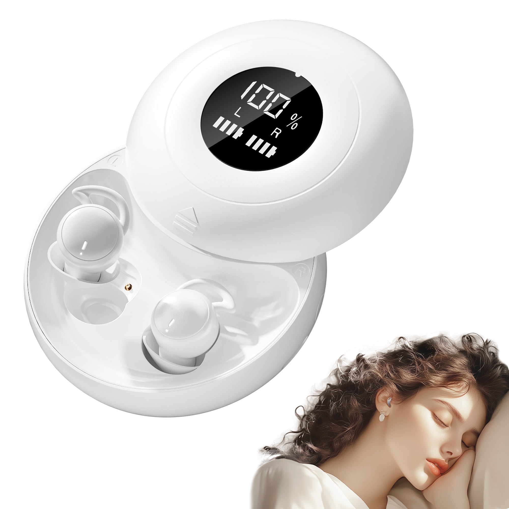 sunvito Sleep Earbuds, Mini Sleep Earbuds for Side Sleepers, 30H Playtime Wireless Headphones with LED Earphones for Small Ears Sleeping Working, Exercise,Hiking,White