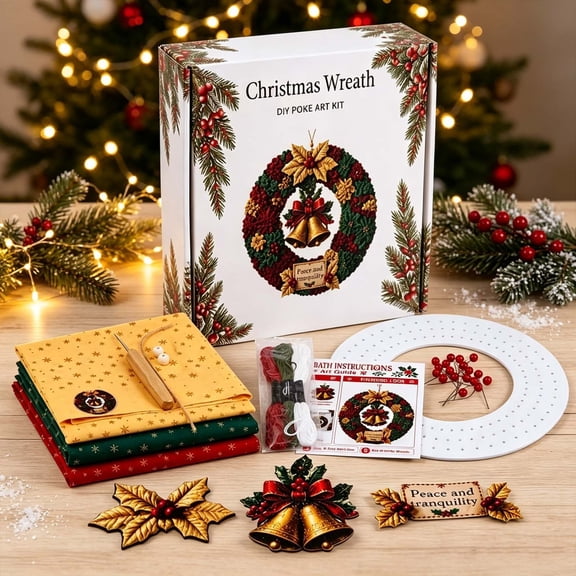 suore 3D Fabric Poke Wreath DIY Kit Christmas Holiday Craft Set, 3d Fabric Poke Art Kits,Christmas Fabric Art Door Hanging Craft Kit,Beginner-Friendly Holiday Wreath Making Kit,Door Decor