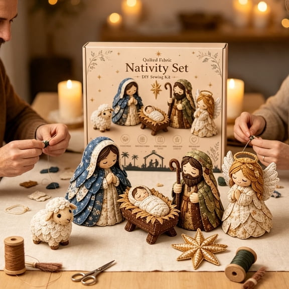 suore Christmas Decor, DIY Patchwork Nativity Scene Sewing Kit, Quilted Fabric Holy Family Manger Scene Craft Kit, Pre Cut Christmas Handmade Sewing Set for Adults, Religious Holiday Decor Gift