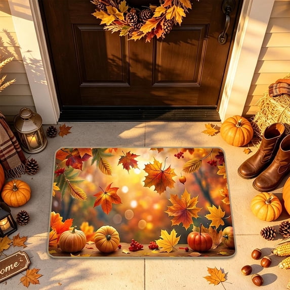 suore Fall Door Mat Non Slip Front Welcome Mat, Heavy Duty Washable Doormat Traps Mud Dirt, Low Profile Anti Slip Backing, Cozy Thanksgiving Autumn Floor Mat for Entrance Patio Porch Decor