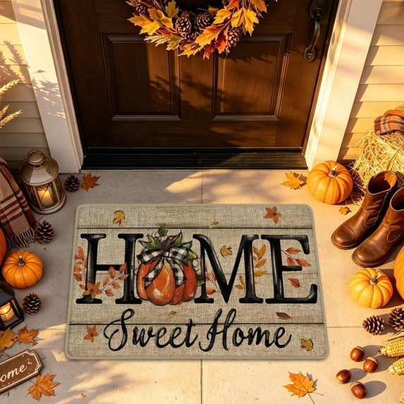 suore Fall Pumpkin Door Mat, Autumn Welcome Rug for Front Door, Pumpkin Leaf Design Door Mat, Removes Dirt Non Slip Backing, Thanksgiving Entryway Floor Mat for Porch Decor