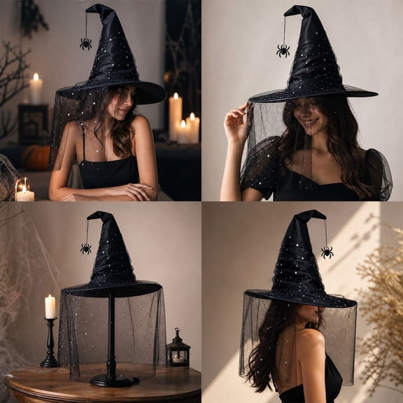 suore Halloween Black Witch Hat for Women, Wide Brim Witch Hats with Spider Black Ruched Witches Hat With Veil & Star Sequin, Gothic Wizard Hat for Halloween Cosplay Party Costume Accessories
