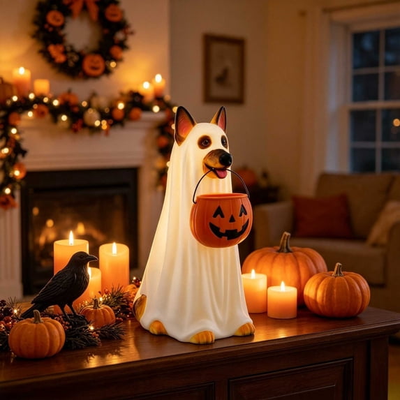 suore Halloween Light Up Ghost Dog Statue with Pumpkin Candy Bucket, Glowing German Shepherd Figure, Outdoor Waterproof LED Decor for Front Yard Porch Garden, Family-Friendly Spooky Ornament