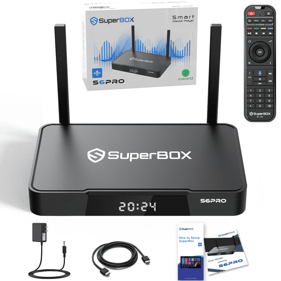 SuperBox S6 PRO streaming device with 4GB RAM, 32GB storage, 6K video, and voice remote