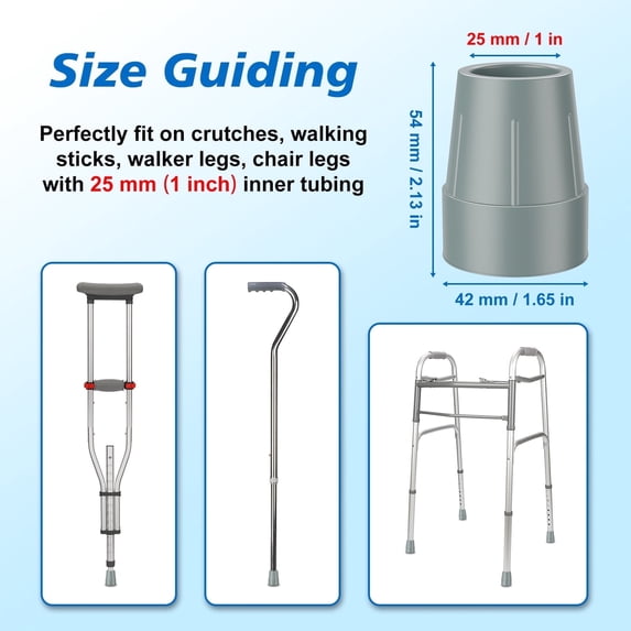 SupreGear 1 inch Crutch Tips Rubber Replacement Tips for Walking Canes and Sticks, Heavy Duty 6-Pack, Gray