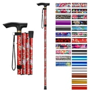 SupreGear Folding Walking Cane with T-Handle, Lightweight Adjustable Mobility Stick, 5 Height Settings,Red Floral