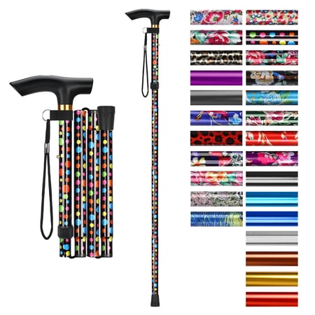 SupreGear Folding Walking Cane with T-Handle, Lightweight Adjustable Mobility Stick, 5 Height Settings, Black Polka Dots