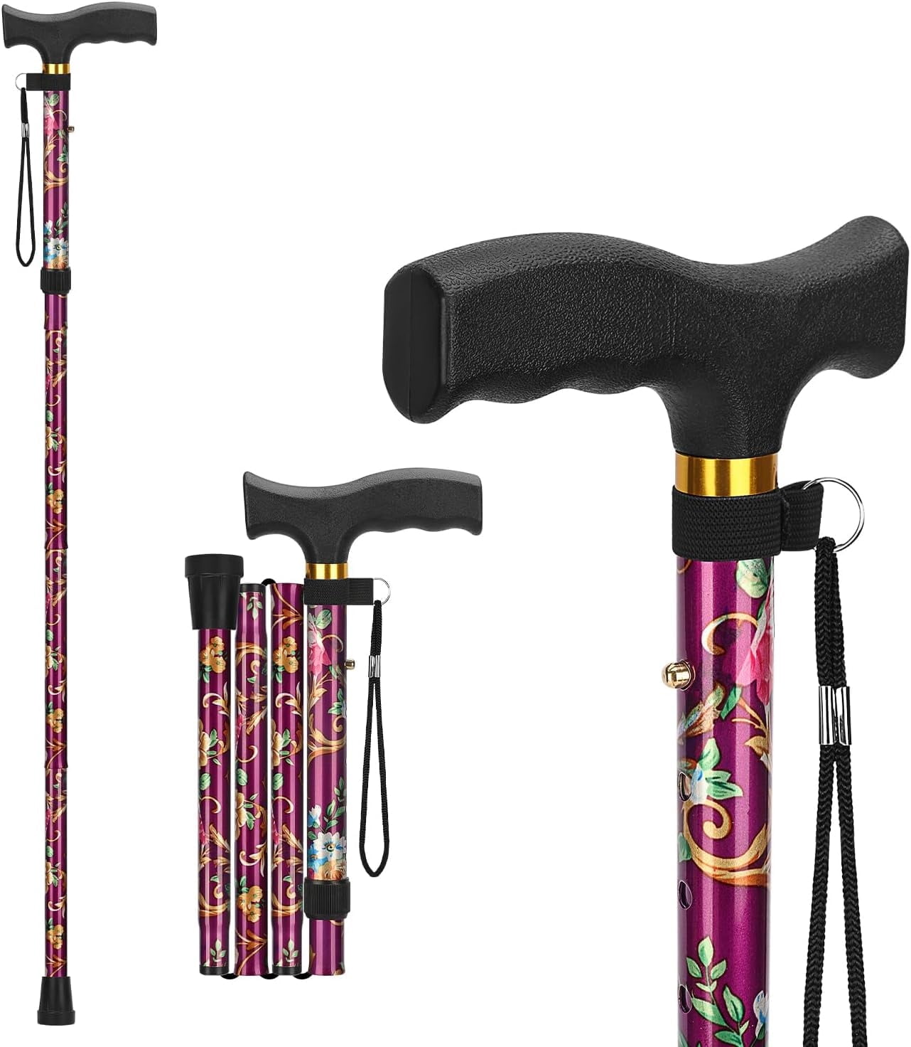 SupreGear Lightweight Folding Aluminum Walking Cane with Comfortable T-Handle for Adults and Seniors, Floral Purple