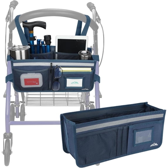 SupreGear Rollator Basket Bag, Foldable Waterproof Storage Pouch with Cup Holder for Rollator, Dark Blue