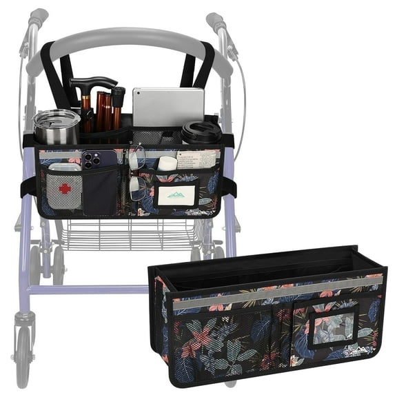 SupreGear Rollator Basket Bag for Walker, Foldable Waterproof Storage Pouch with Cup Holder, Black Floral
