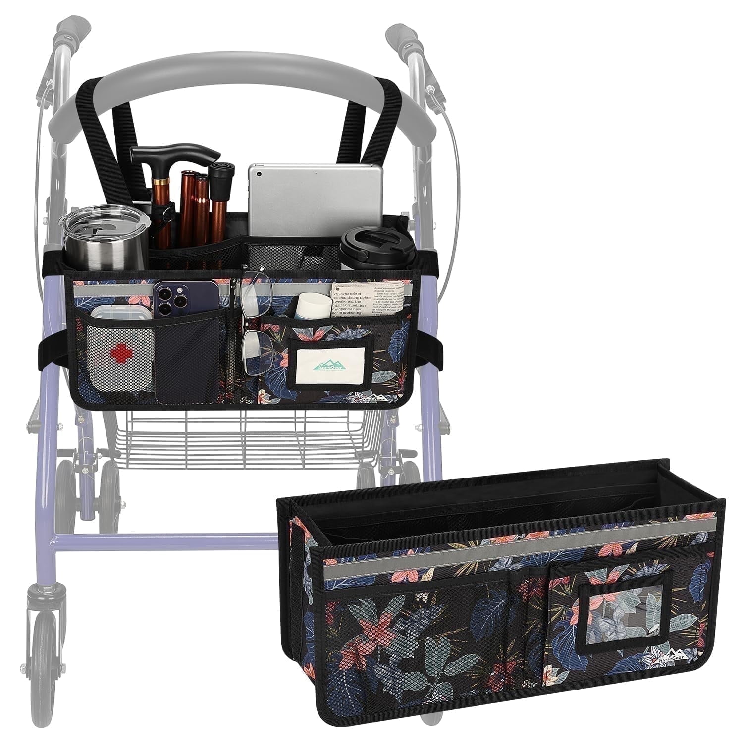 SupreGear Rollator Basket Bag, Foldable Waterproof Storage Pouch with Cup Holder for Rollator, Black Floral