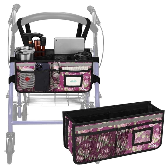 SupreGear Rollator Basket Bag, Foldable Waterproof Storage Pouch with Cup Holder for Rollator, Floral Purple