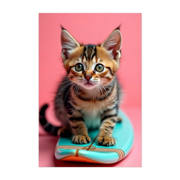 surfer cat 01 - Photography Cat Animal Surrealism Pastel Surfboard Whimsical Unframed Wall Art Print 20 x 30 inches